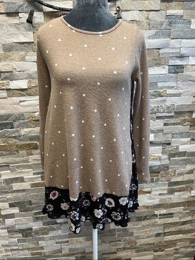 Bellamie Taupe Polka Dot Sweater with Black Floral Hem